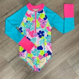 Lands End Girls Size 8 Bright Blue & Pink Front Zippered Long Sleeve Swimsuit